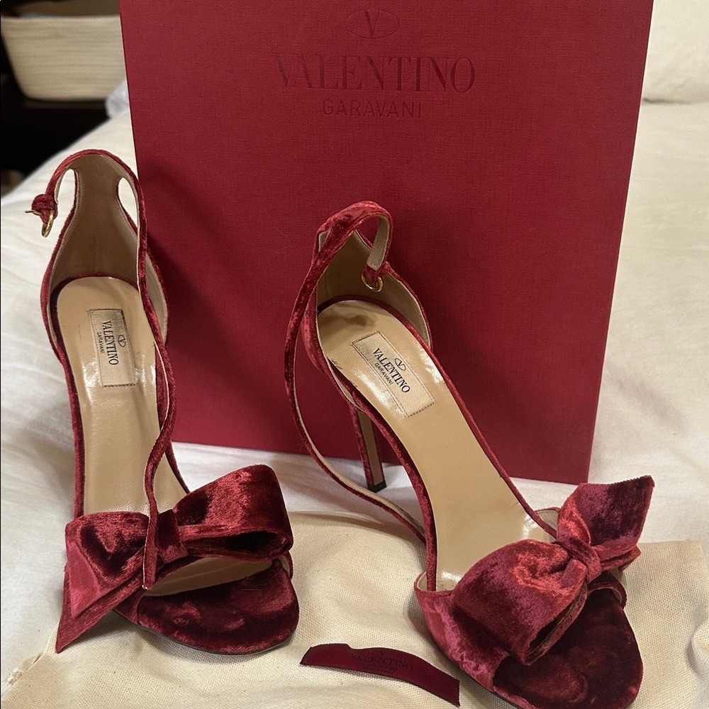 Valentino Red Velvet Sandals with Bow Accent